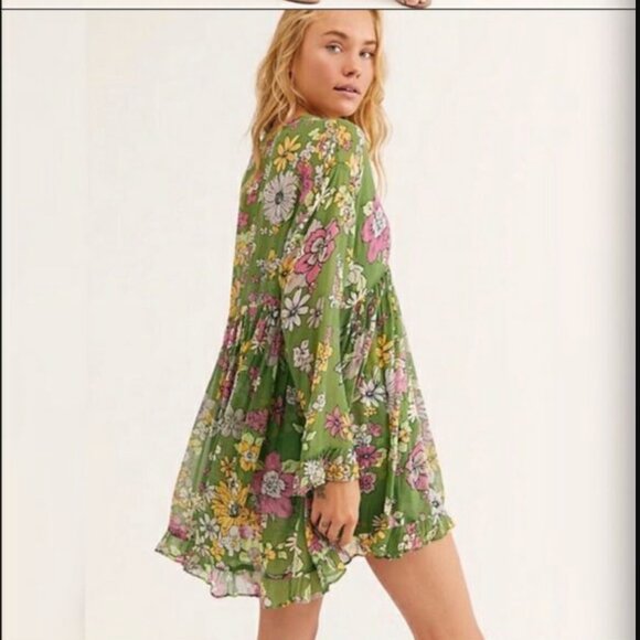 Free People "Everything and More" Green 2 piece floral shift dress/tunic L - Picture 1 of 9